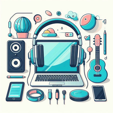 Vector illustration of laptop, headphones, speaker, microphone, ukulele, headphones.のイラスト素材