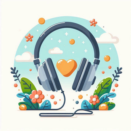Vector illustration of headphones with hearts and flowers. Flat design. Music concept.のイラスト素材
