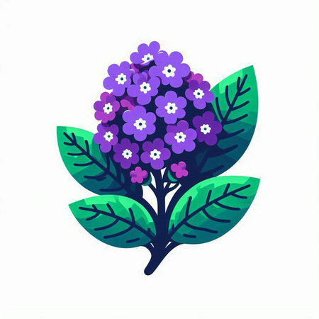 Purple flowers and green leaves isolated on white background. Vector illustration.のイラスト素材