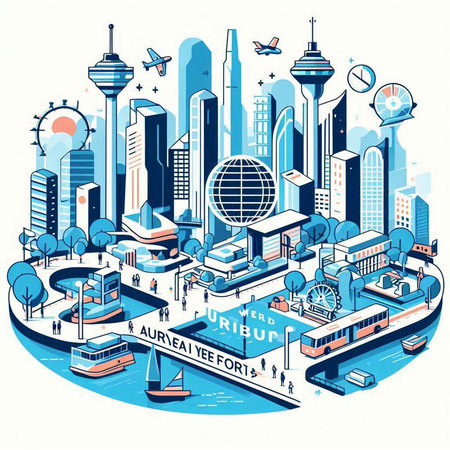Vector illustration of modern city on white background. Line art style.のイラスト素材