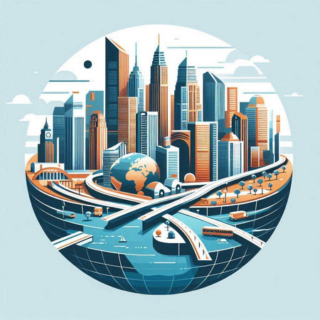 Modern city with skyscrapers and highway. Vector illustration in retro style.のイラスト素材