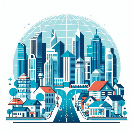 Modern city with skyscrapers, buildings and roads. Vector illustrationのイラスト素材