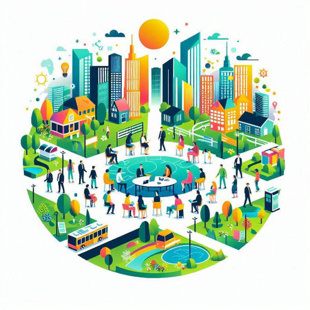 City landscape with people walking around the city. Vector illustration in flat styleのイラスト素材