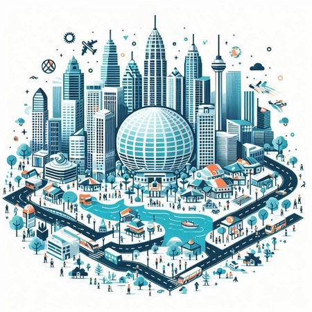 Vector illustration of a modern city with buildings, roads and people. Cityscape.のイラスト素材