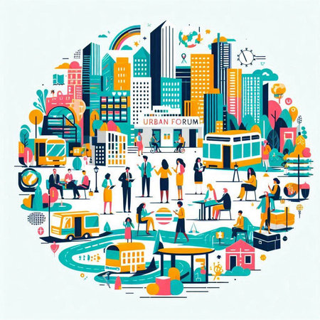 City life with people and transport. Vector illustration in flat style.のイラスト素材