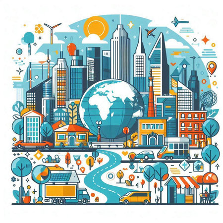 Vector illustration of city landscape with buildings, roads, trees and people.のイラスト素材