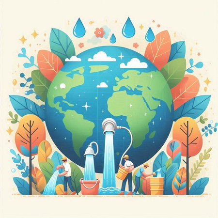 Vector illustration of people watering the earth in the garden. Save the planet concept.のイラスト素材