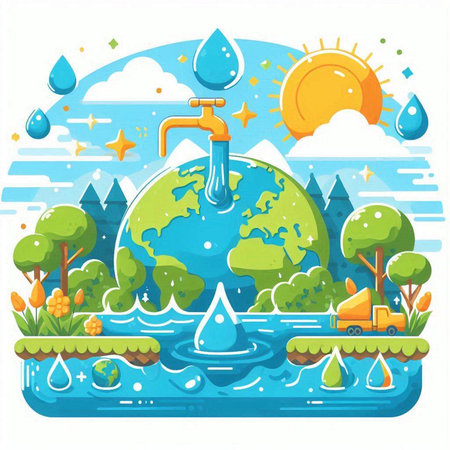Save the planet concept. Earth with water drop and garbage. Vector illustrationのイラスト素材