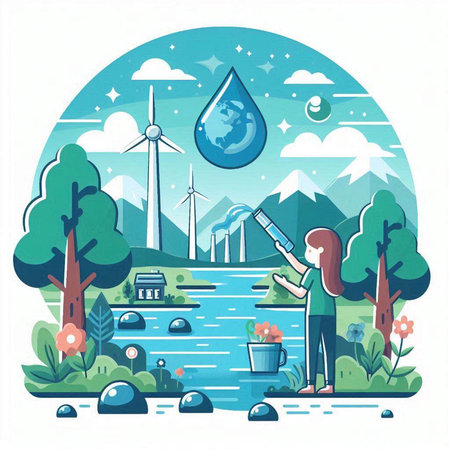 Ecology concept vector illustration in flat cartoon style. Water and windmills.のイラスト素材