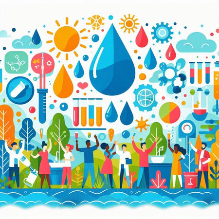 Save water concept. Vector flat illustration of people with nature elements.のイラスト素材