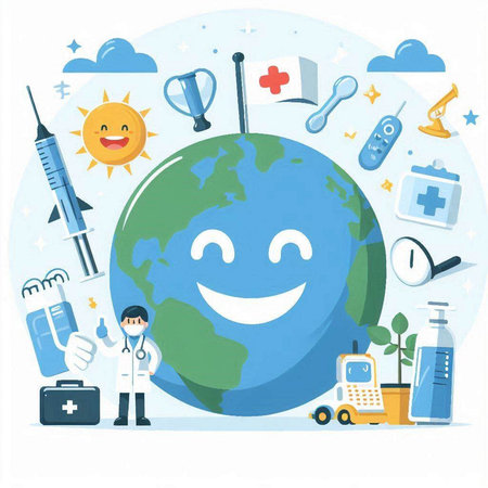 Vector illustration of happy smiling world with medical icons around. Flat style design.のイラスト素材