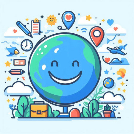 Vector illustration of cute cartoon world globe with happy face and travel icons.のイラスト素材