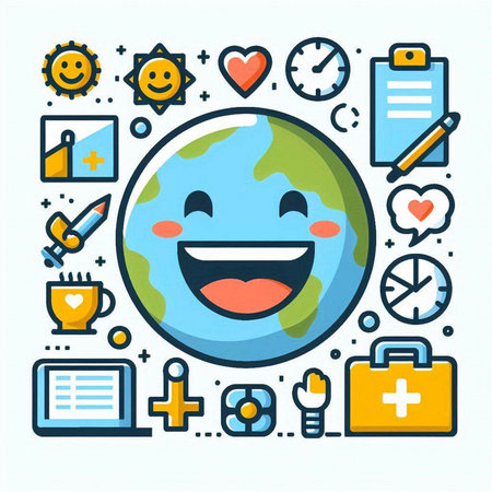 Vector line art illustration of smiling earth with medical icons around. Concept for web banner, infographics, hero images.のイラスト素材