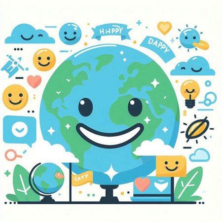 Cute cartoon earth globe with social media icons. Vector illustration.のイラスト素材