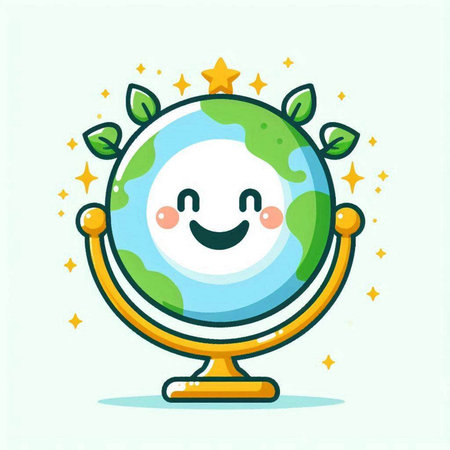 Cute cartoon earth globe character with stars and leaves. Vector illustration.のイラスト素材