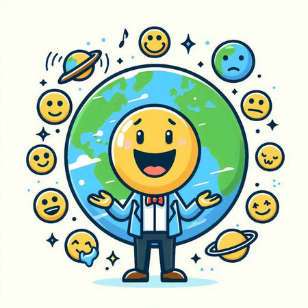 Vector illustration of happy cartoon man with smiley face and planets around himのイラスト素材