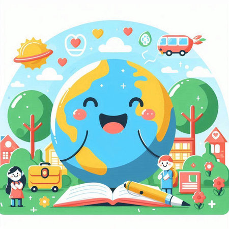 Vector illustration of a happy globe character reading a book in the parkのイラスト素材
