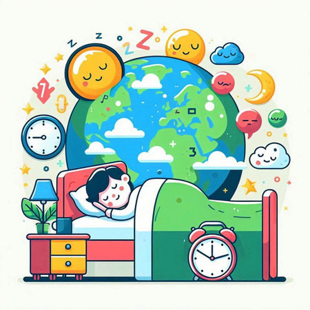 Vector illustration of boy sleeping in bed with alarm clock on background.のイラスト素材
