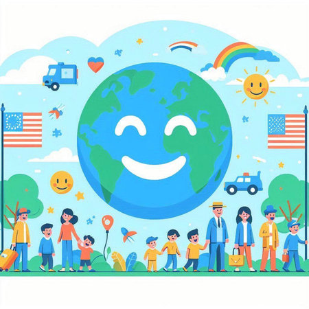 World Environment Day concept. Flat style vector illustration. People with Earth planet.のイラスト素材