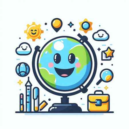 Vector illustration of world globe character with smiley face, flat designのイラスト素材