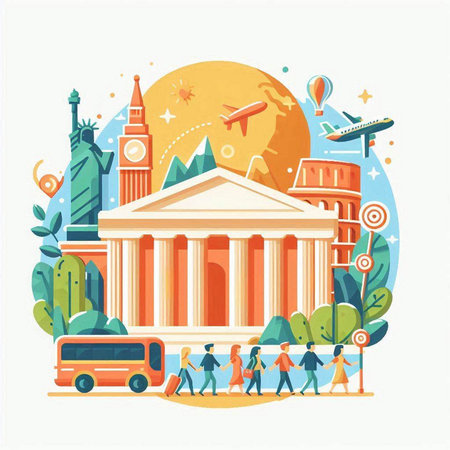 Traveling around the world concept. Vector illustration in flat style.のイラスト素材