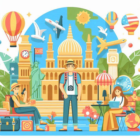 Traveling around the world concept. Flat design style vector illustration.のイラスト素材