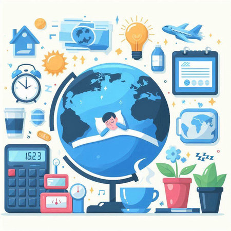 Vector flat design illustration of education and learning concept with globe, books, calculator, coffee cup, alarm clock, book, globe, lamp, calculator, plant and other objects.のイラスト素材