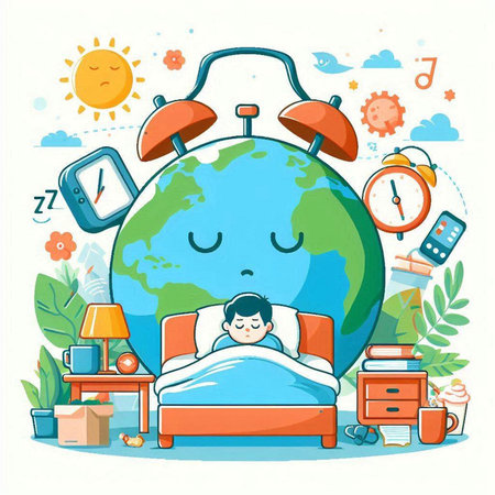 Illustration of a cute little girl sleeping on a bed with a clock in the backgroundのイラスト素材