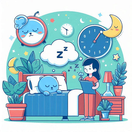 Cartoon woman sleeping on the bed. Vector illustration for kids.のイラスト素材