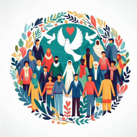 International Day of Peace. Vector illustration in flat style with people of different nationalities.のイラスト素材