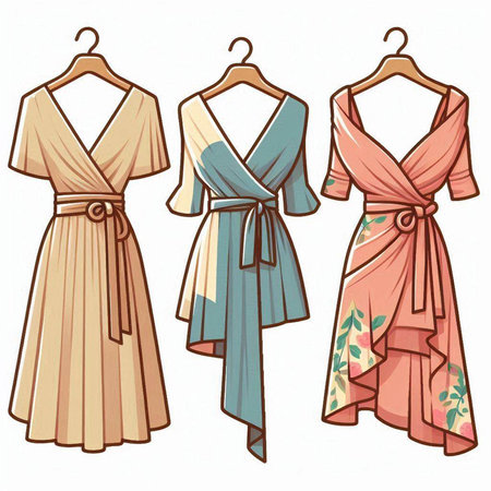 Set of women's dresses on a hanger. Vector illustration.のイラスト素材