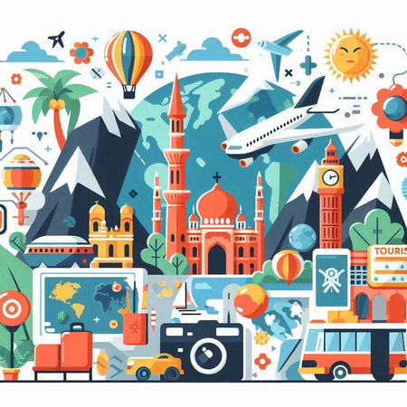 Travel and tourism flat design concept with landmarks and icons. Vector illustrationのイラスト素材