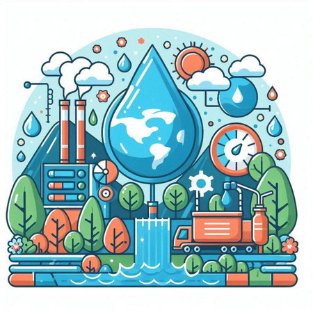 Ecology concept. Vector illustration in flat line style with water drop, planet earth and factory.のイラスト素材