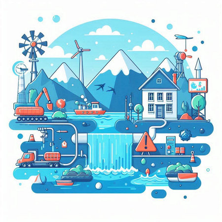 Landscape with water, windmills and houses. Vector illustrationのイラスト素材