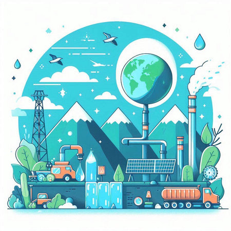 Ecology concept. Vector illustration of a factory with a world globeのイラスト素材