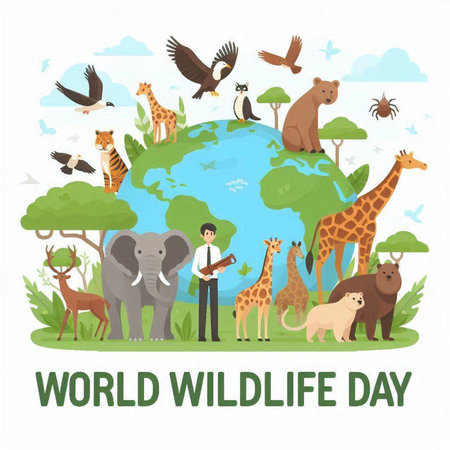 World Wildlife Day poster with animals and birds around the planet. Vector illustrationのイラスト素材