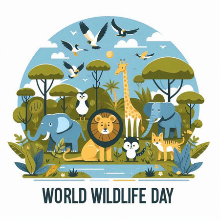 World Wildlife Day. Vector illustration in flat cartoon style with animals.のイラスト素材