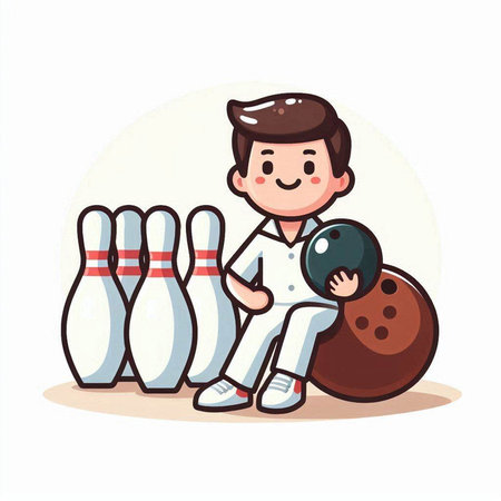 Cartoon boy playing bowling. Vector illustration in a flat style.のイラスト素材