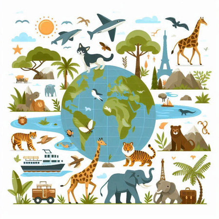 Vector flat cartoon illustration of travel around the world. World animals.のイラスト素材