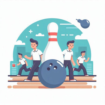 Men playing bowling on the street. Vector illustration in flat style.のイラスト素材