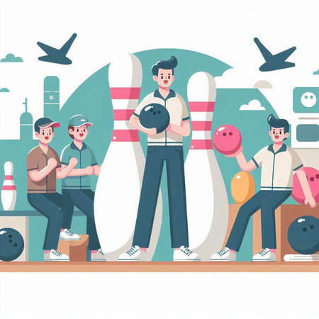 Bowling game, vector illustration in flat style. Men playing bowling.のイラスト素材