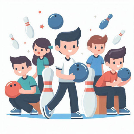 Illustration of a group of friends playing bowling. Vector illustration.のイラスト素材