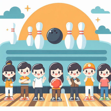 Young people playing bowling in the park. Cartoon style vector illustration.のイラスト素材
