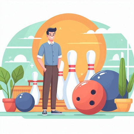 Young man playing bowling flat vector illustration. Cartoon male character in casual clothes standing on the background of bowling alley with pins and balls. Sport and recreation conceptのイラスト素材