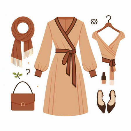 Vector set of clothes and accessories for women. Brown coat, scarf, shoes, bag, earrings.のイラスト素材