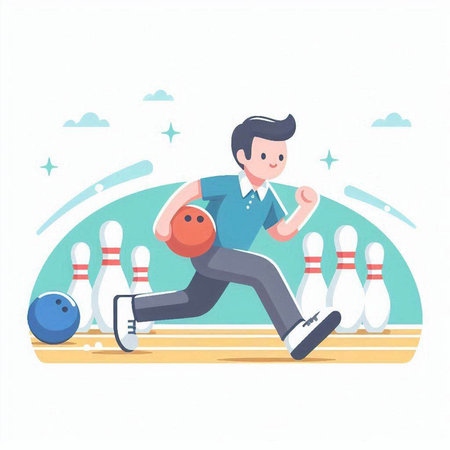 Man playing bowling in the park. Vector illustration in cartoon style.のイラスト素材