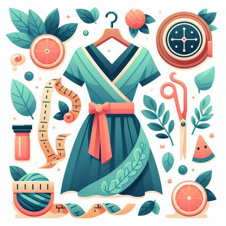 Vector illustration of a woman's dress with accessories for sewing and needlework.のイラスト素材