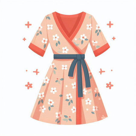 Fashionable woman's dress with floral pattern. Vector illustration.のイラスト素材