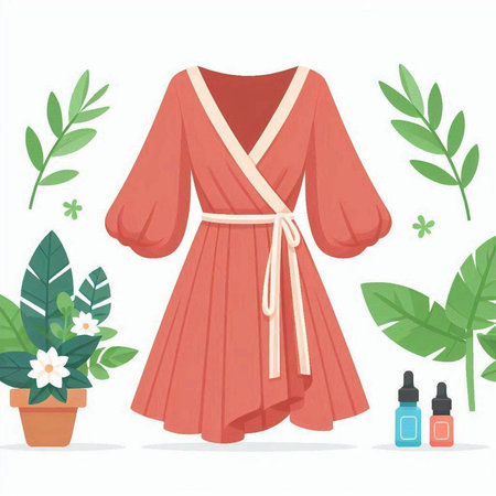 Women's dressing gown and cosmetic bottles on a white background. Vector illustration.のイラスト素材