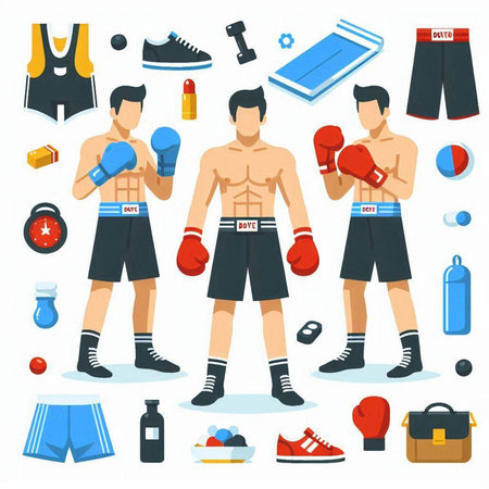 Boxing sport icons set. Vector illustration in flat cartoon style.のイラスト素材